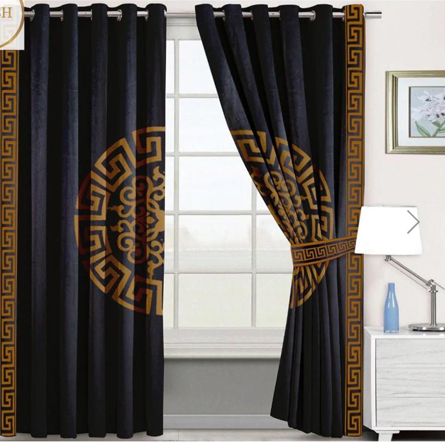 Black Velvet Eyelet Curtains with Golden Greek Key & Medallion Design - Fashion Home Store