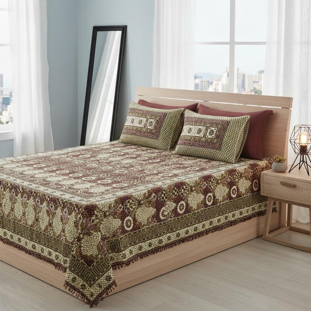 Classic Brown Multani Block Print Bedsheet – Jacquard King Size Set - Fashion Home Store
