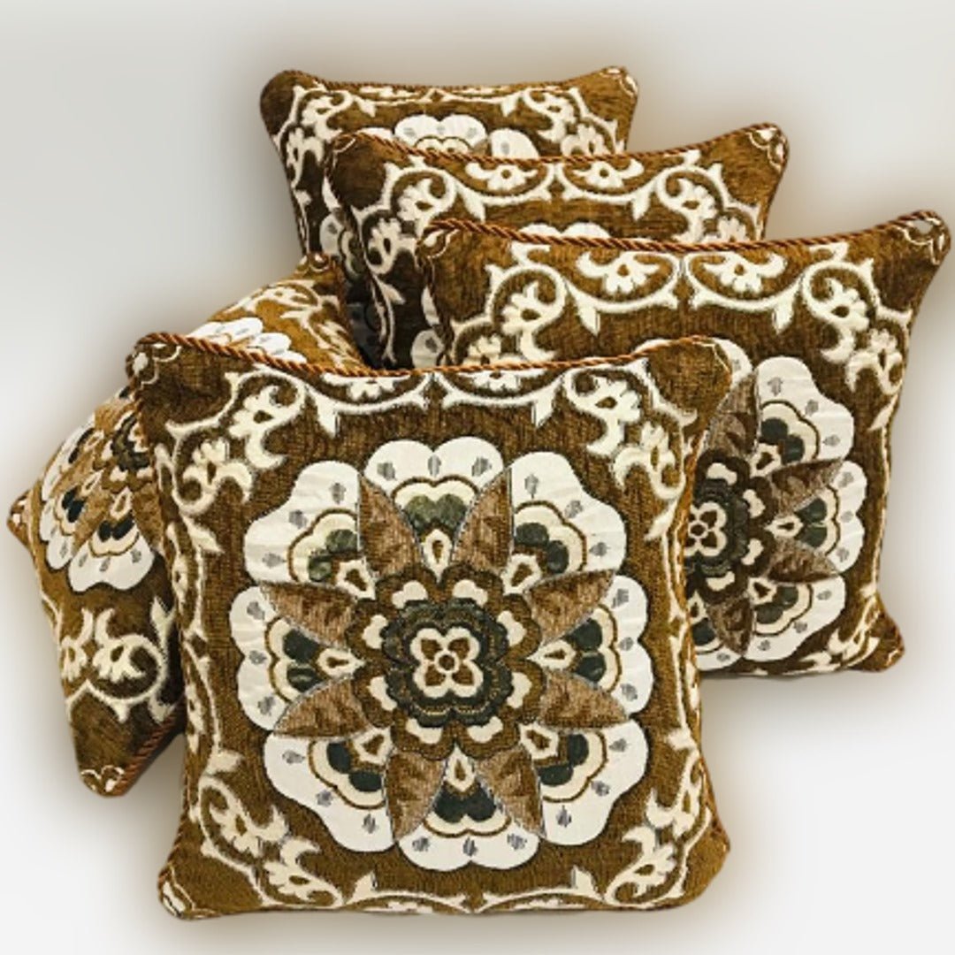 Earthy Brown & Cream Floral Jacquard 5 - Piece Cushion Cover Set - Fashion Home Store