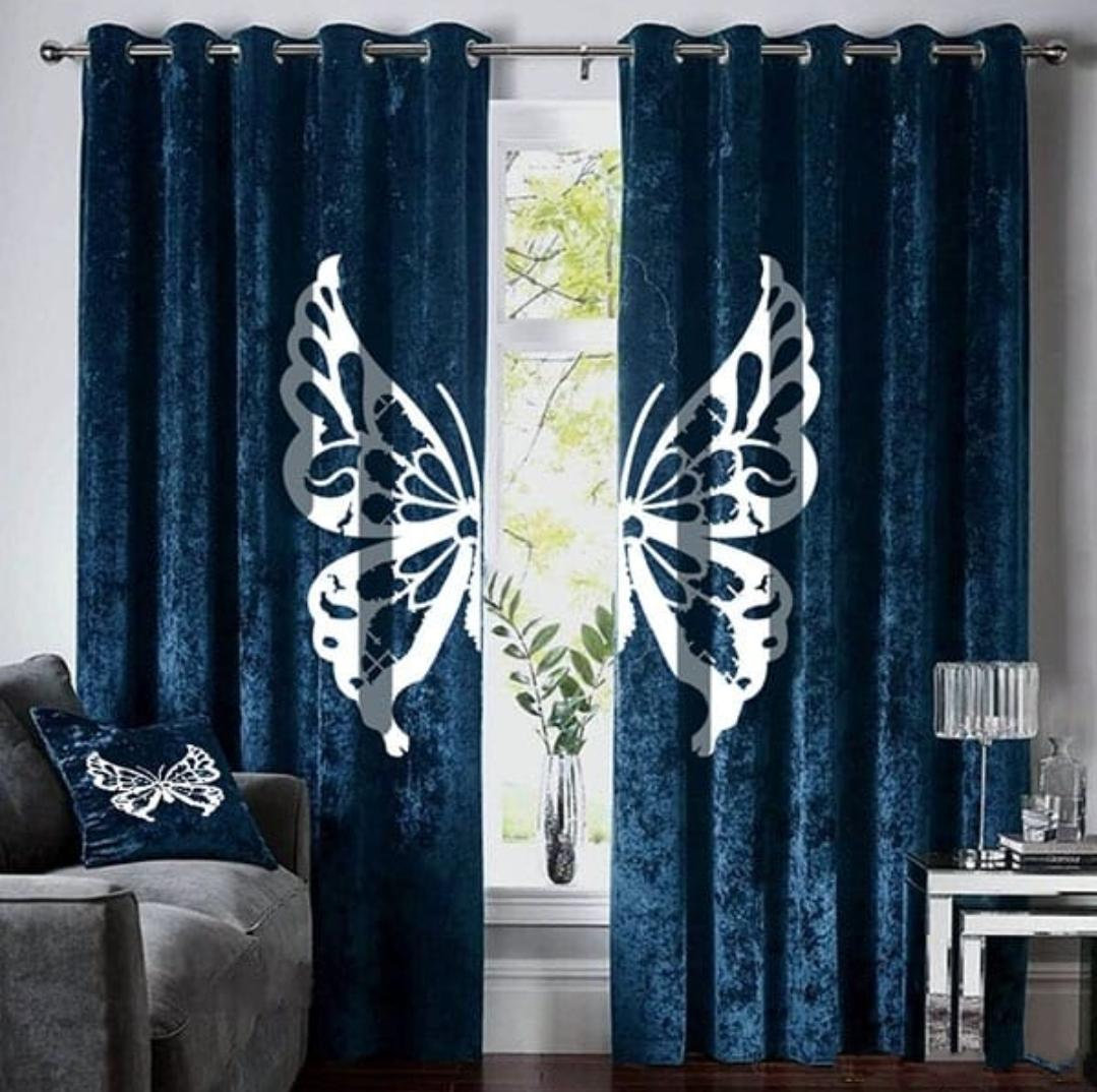 Elegant Blue Velvet Butterfly Design Curtain Pair – Velvet Butterfly Design Curtain Pair - Fashion Home Store