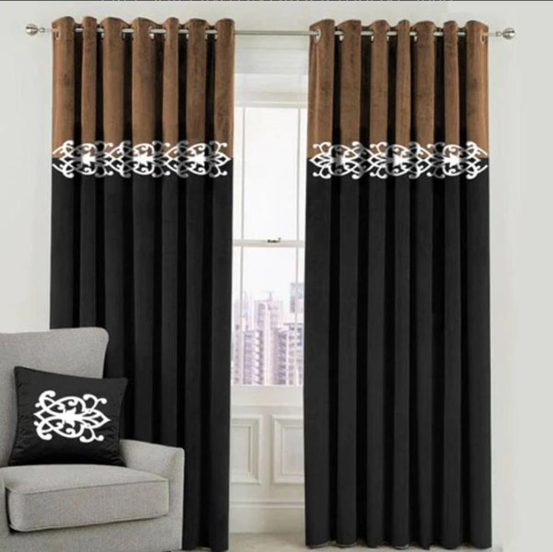 Elegant Coffee & Black Velvet Designed Curtain Pair - Fashion Home Store