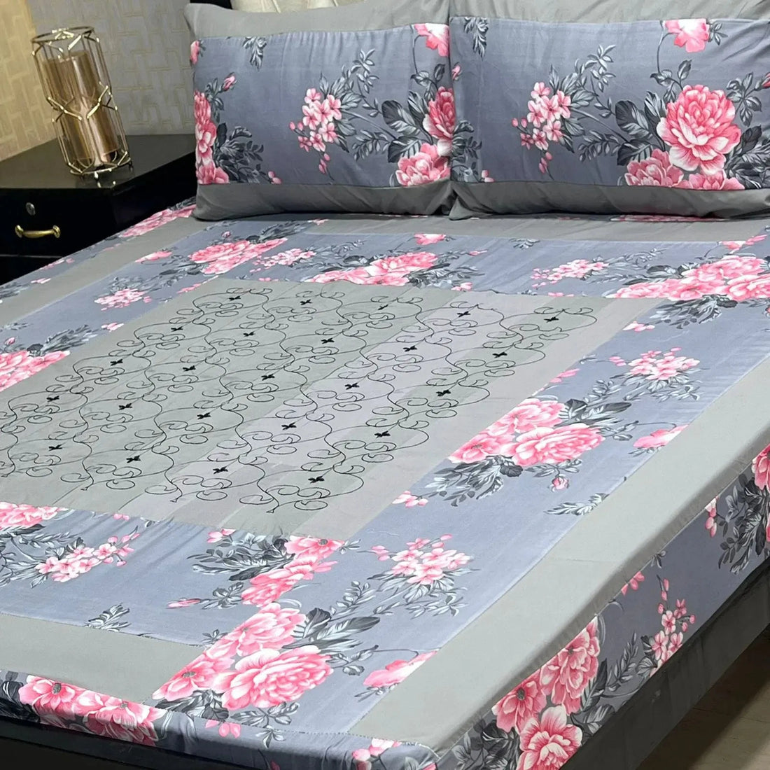 Elegant Grey &amp; Floral Embroidered Patchwork Bedsheet Set Fashion HomeStore 