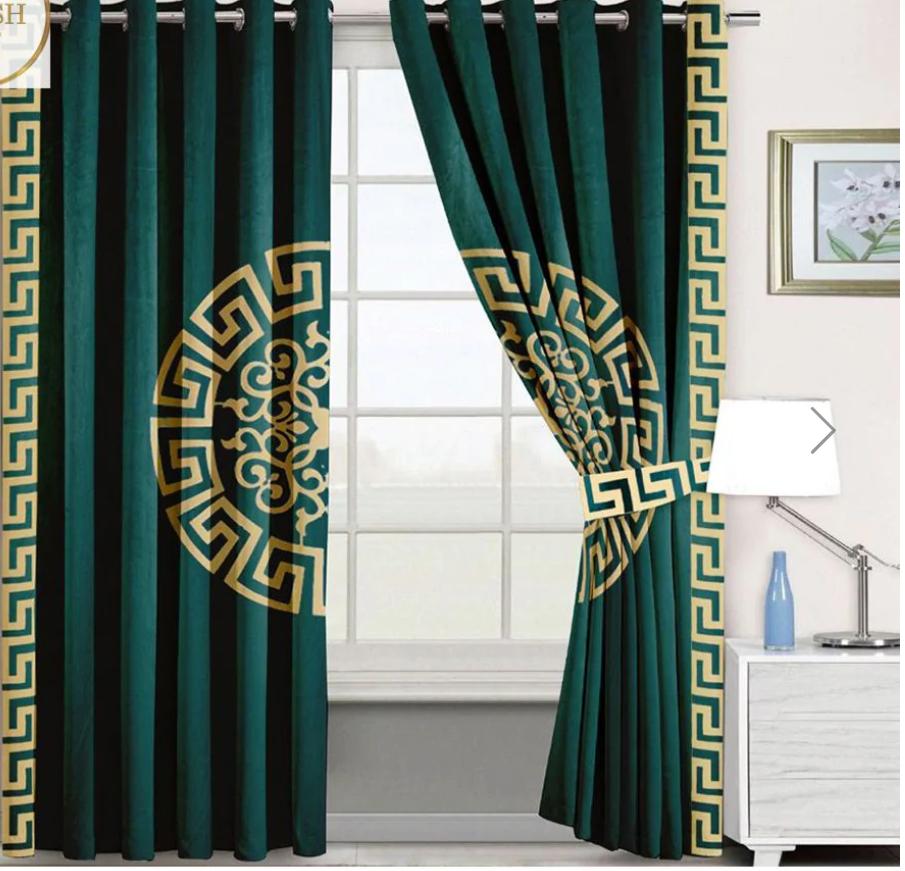 Emerald Green Velvet Eyelet Curtains with Golden Greek Key & Medallion Design - Fashion Home Store