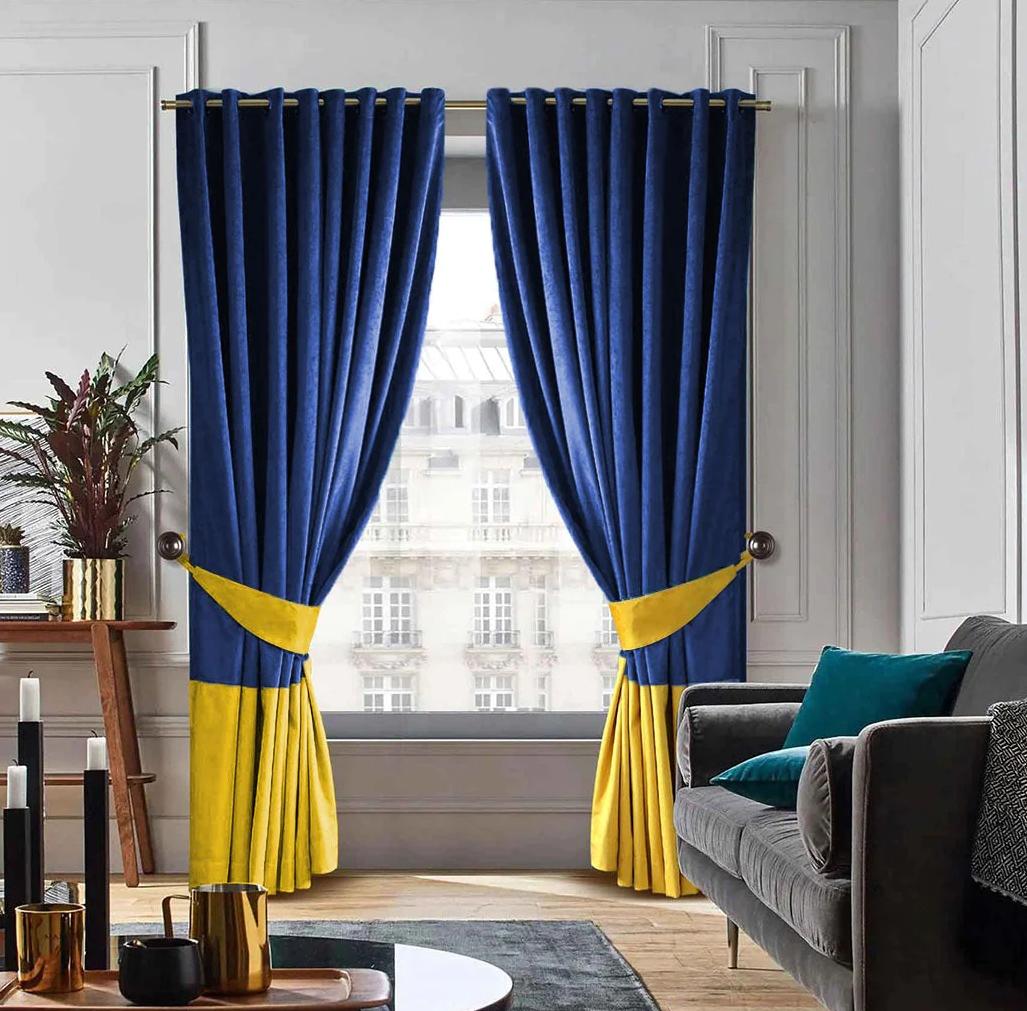 Ethan Spliced Blue & Yellow Velvet Designed Curtain Pair - Fashion Home Store