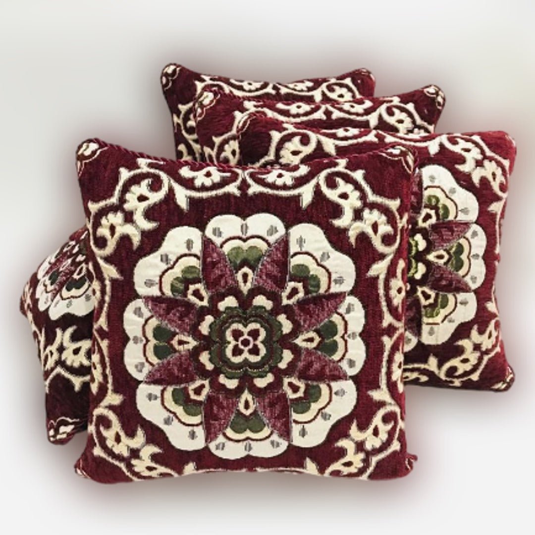 FH Home Store Burgundy Floral Jacquard 05PC Cushion Cover Set - Fashion Home Store
