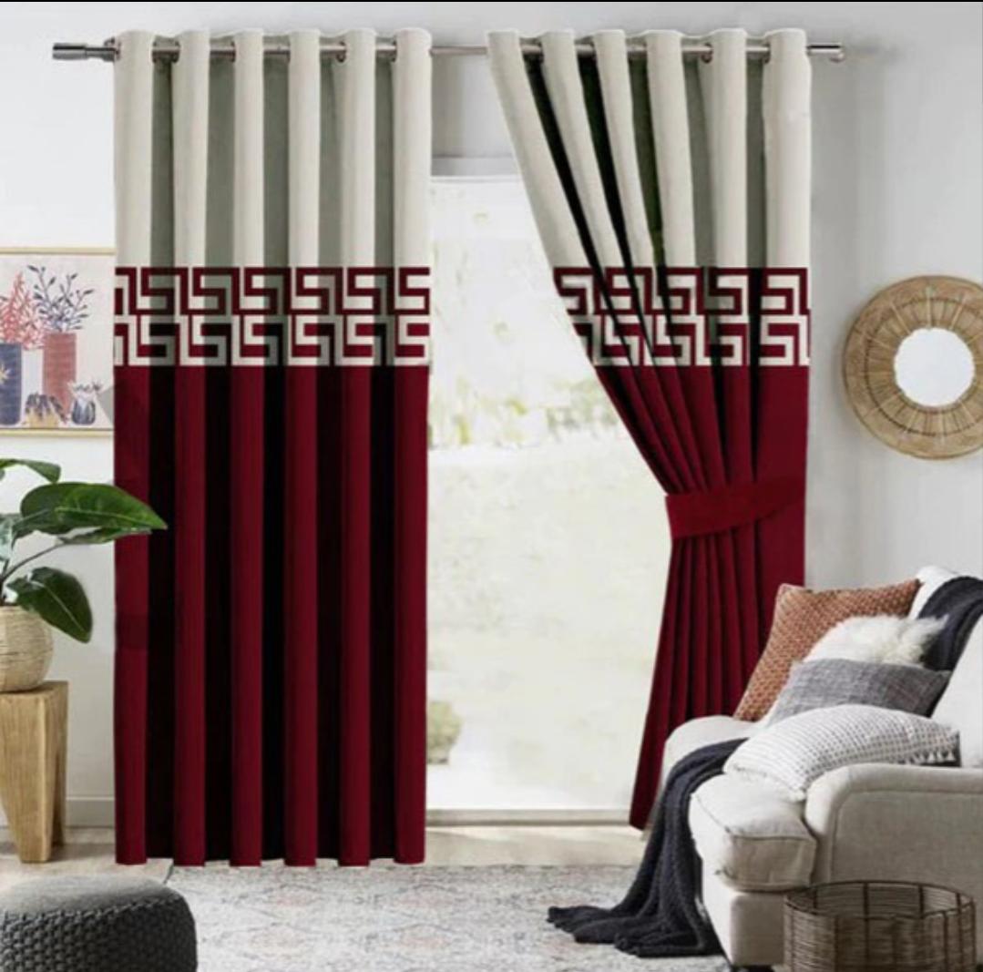 Geometric Burgundy & Beige Velvet Designed Curtain Pair - Fashion Home Store