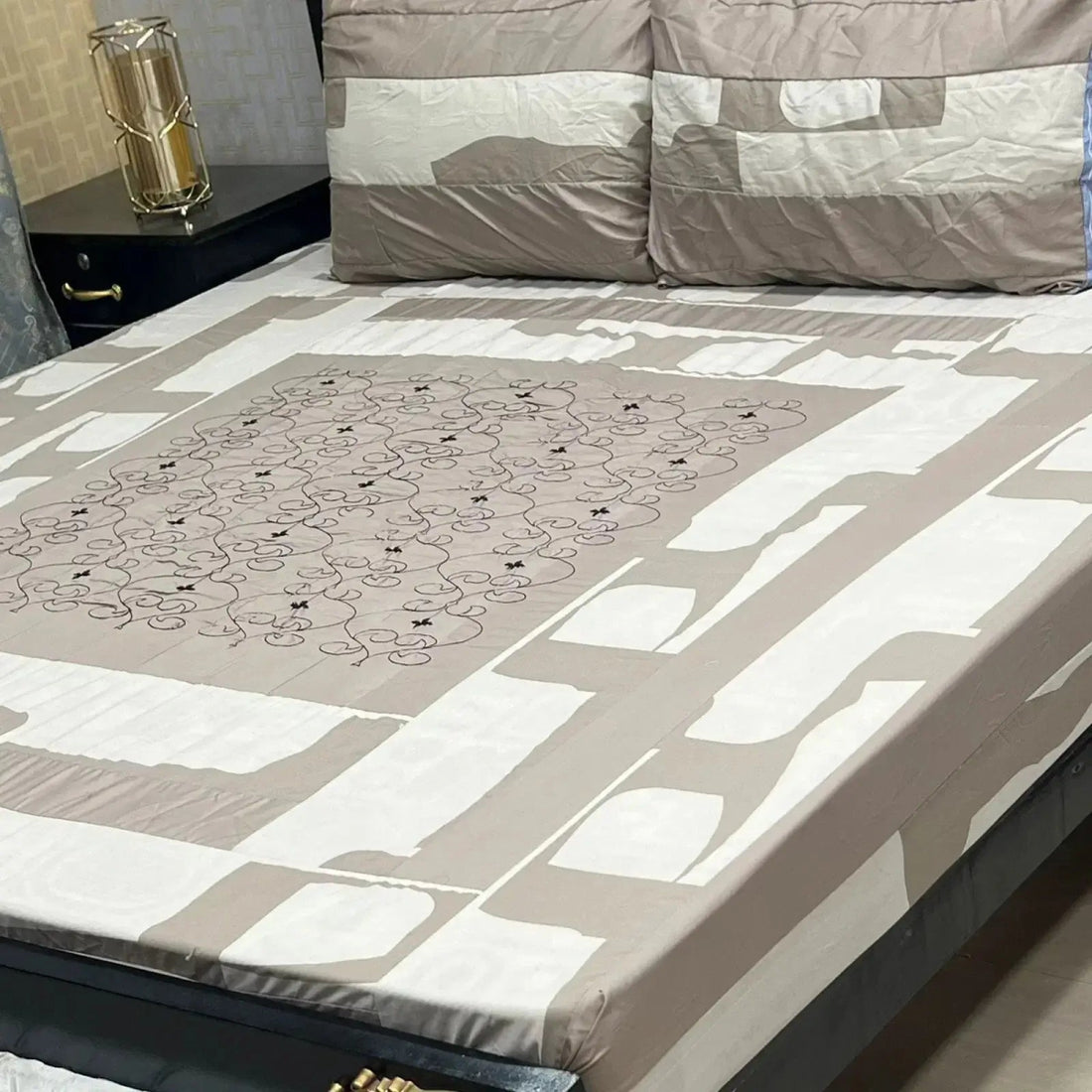 Ivory Geo Embroidered Patchwork Bedsheet Set - Fashion Home Store
