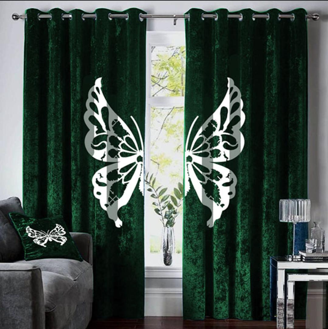 Luxurious Green Velvet Butterfly Design Curtain Pair – Velvet Butterfly Design Curtain Pair - Fashion Home Store