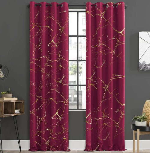 Luxurious Maroon Velvet Curtains with Elegant Golden Marble Design - Fashion Home Store