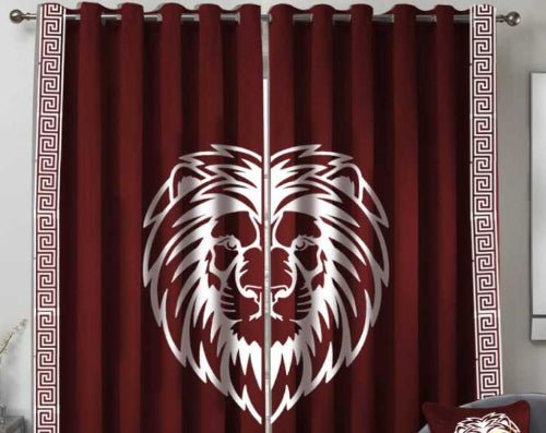 Majestic Maroon Velvet Curtains | White Lion Head & Greek Key Design - Fashion Home Store