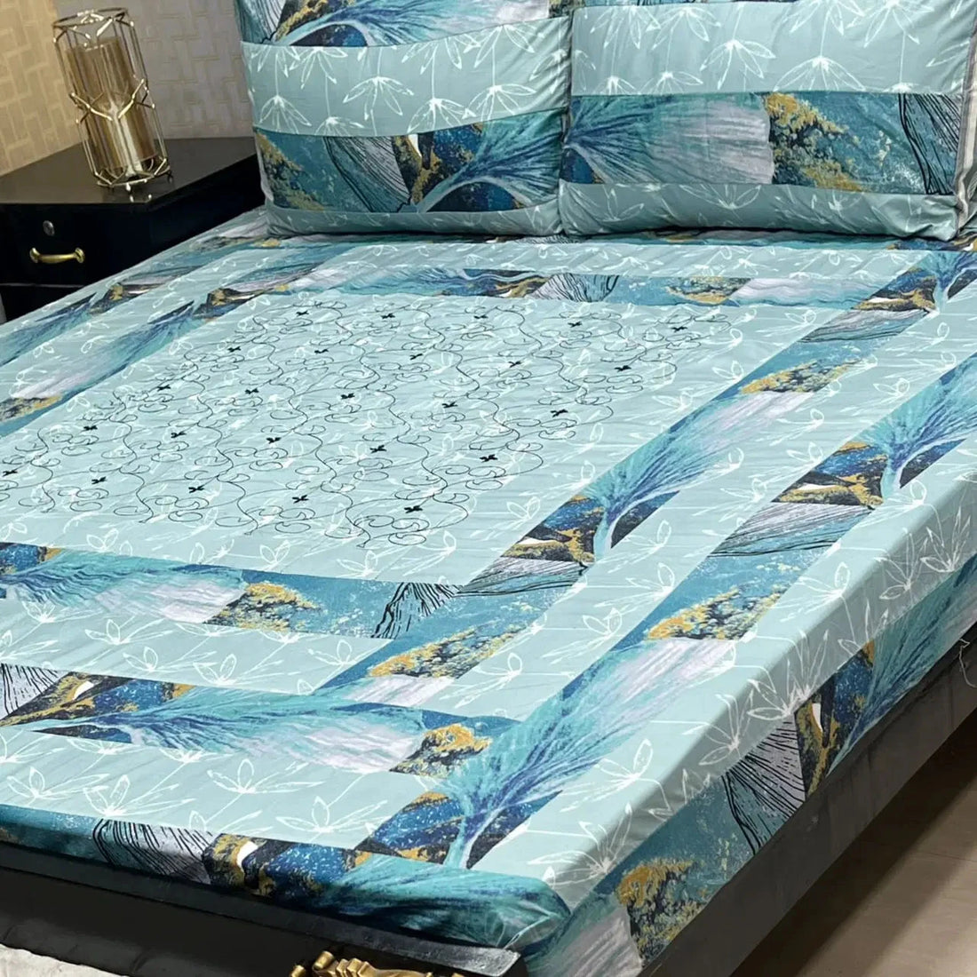 Midnight Grid Embroidered Patchwork Bedsheet Set Fashion HomeStore 