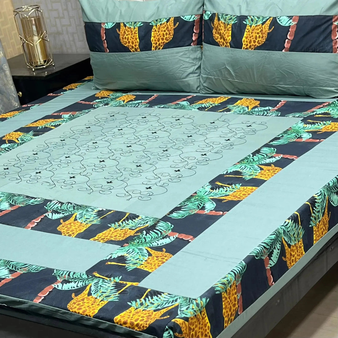 Mocha Grid Embroidered Patchwork Bedsheet Se - Fashion Home Store