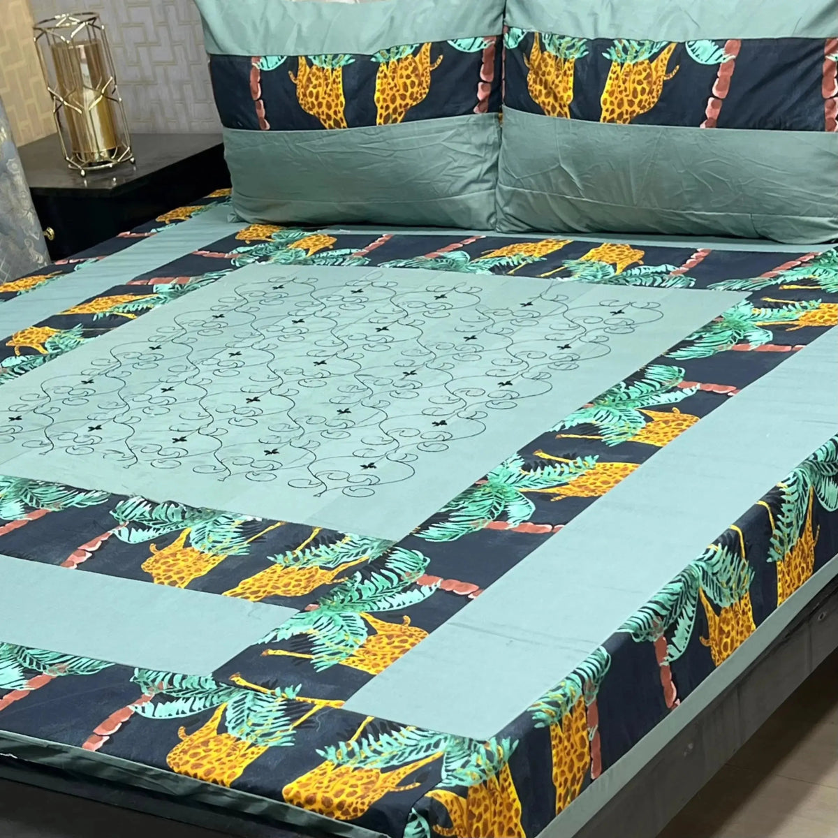 Mocha Grid Embroidered Patchwork Bedsheet Se - Fashion Home Store