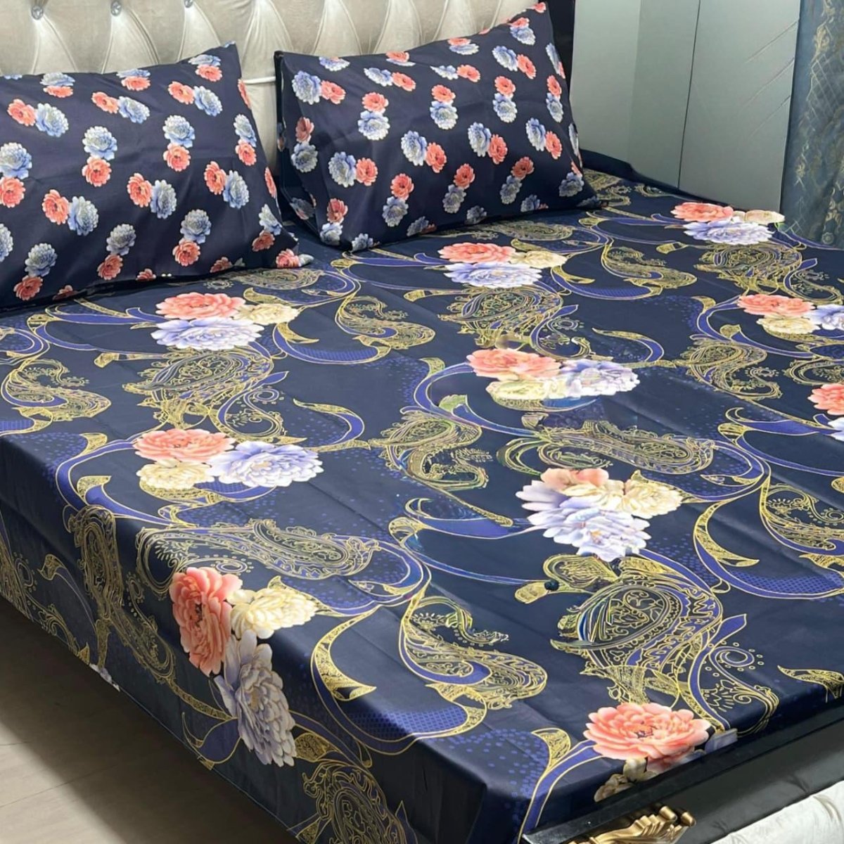 Moonlit Bliss Printed Cotton Bedsheet Set – Floral Pop Edition - Fashion Home Store