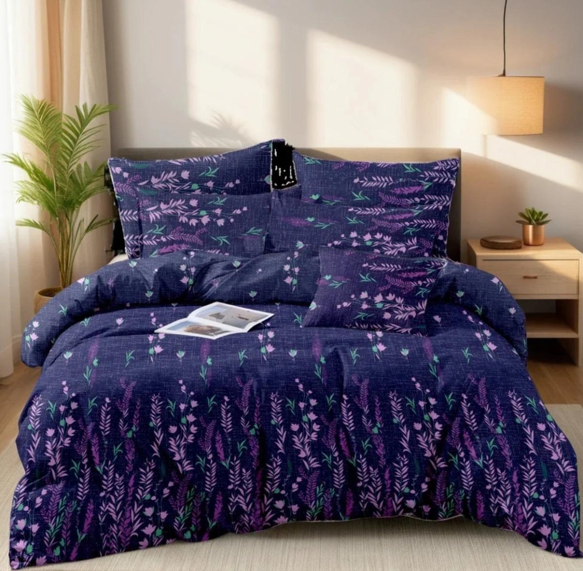 Navy Blue Floral Blossom Bedding – 7PC Summer Comforter Set - Fashion Home Store