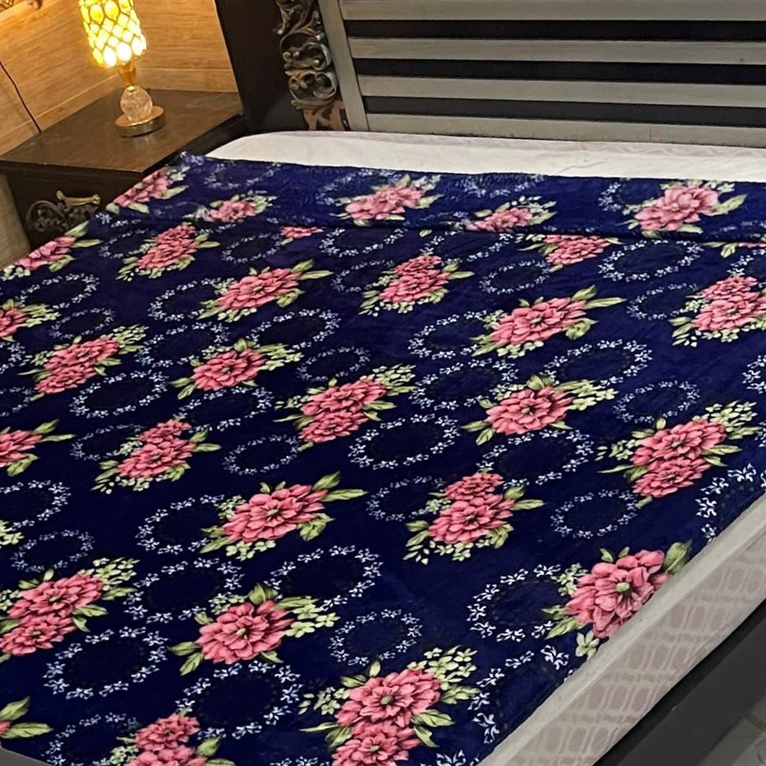 Navy Blue Floral Printed AC Blanket – Soft Fleece Double Bed Size - Fashion Home Store