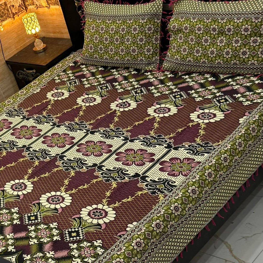 Purple Grey Geometric – Multani Traditional Jacquard Bedsheet - Fashion Home Store
