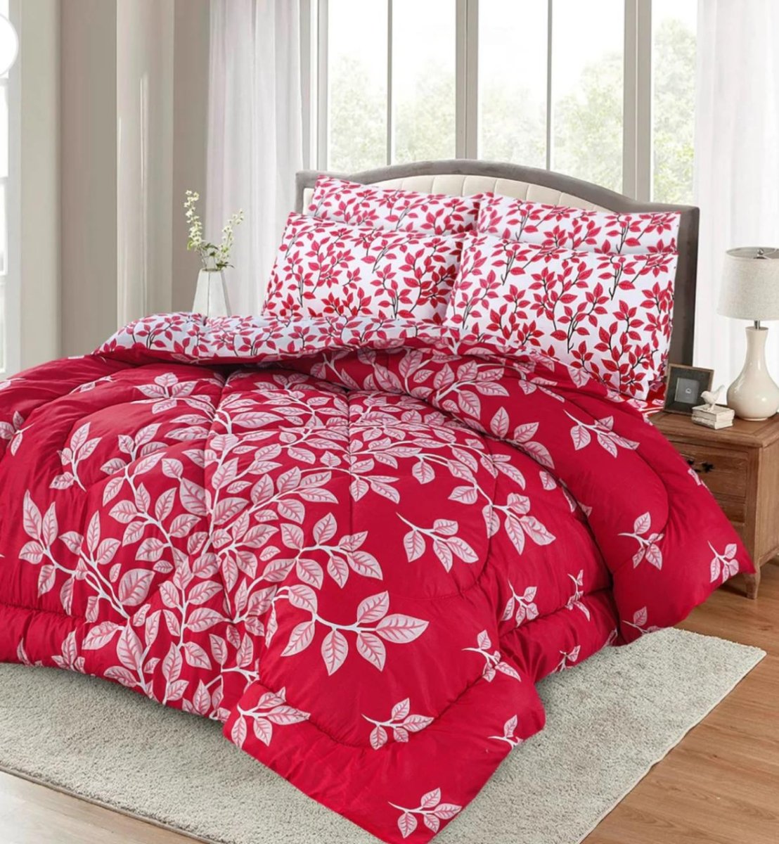 Red & darkish Floral Design - 6PC Comforter Set (Vicky Razai Set) - Fashion Home Store