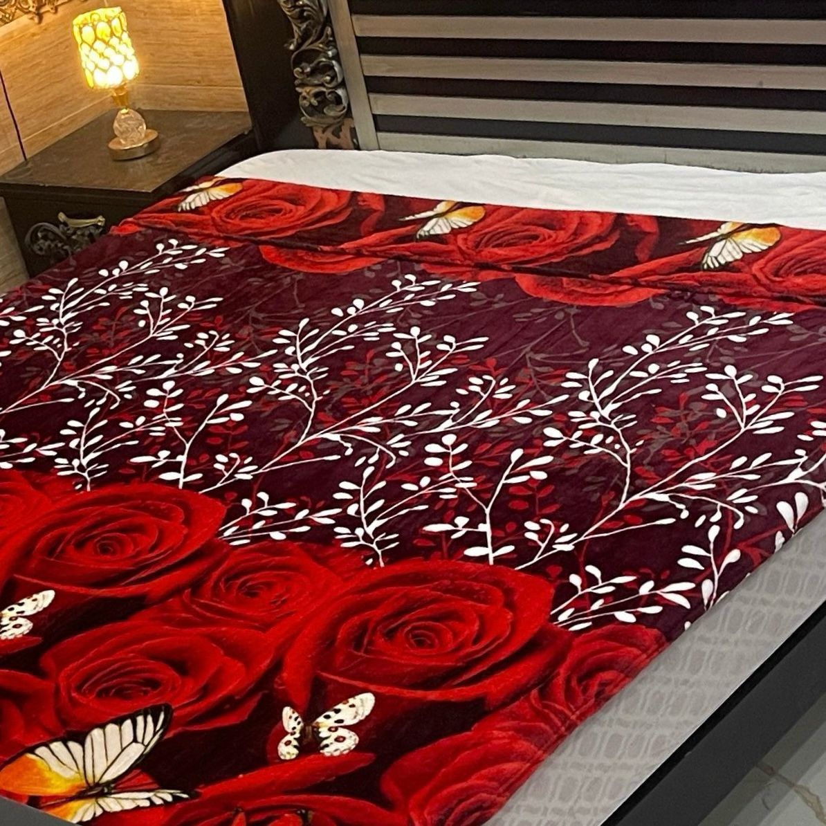 Red Roses & Butterfly AC Blanket – Soft Fleece Double Bed Size - Fashion Home Store