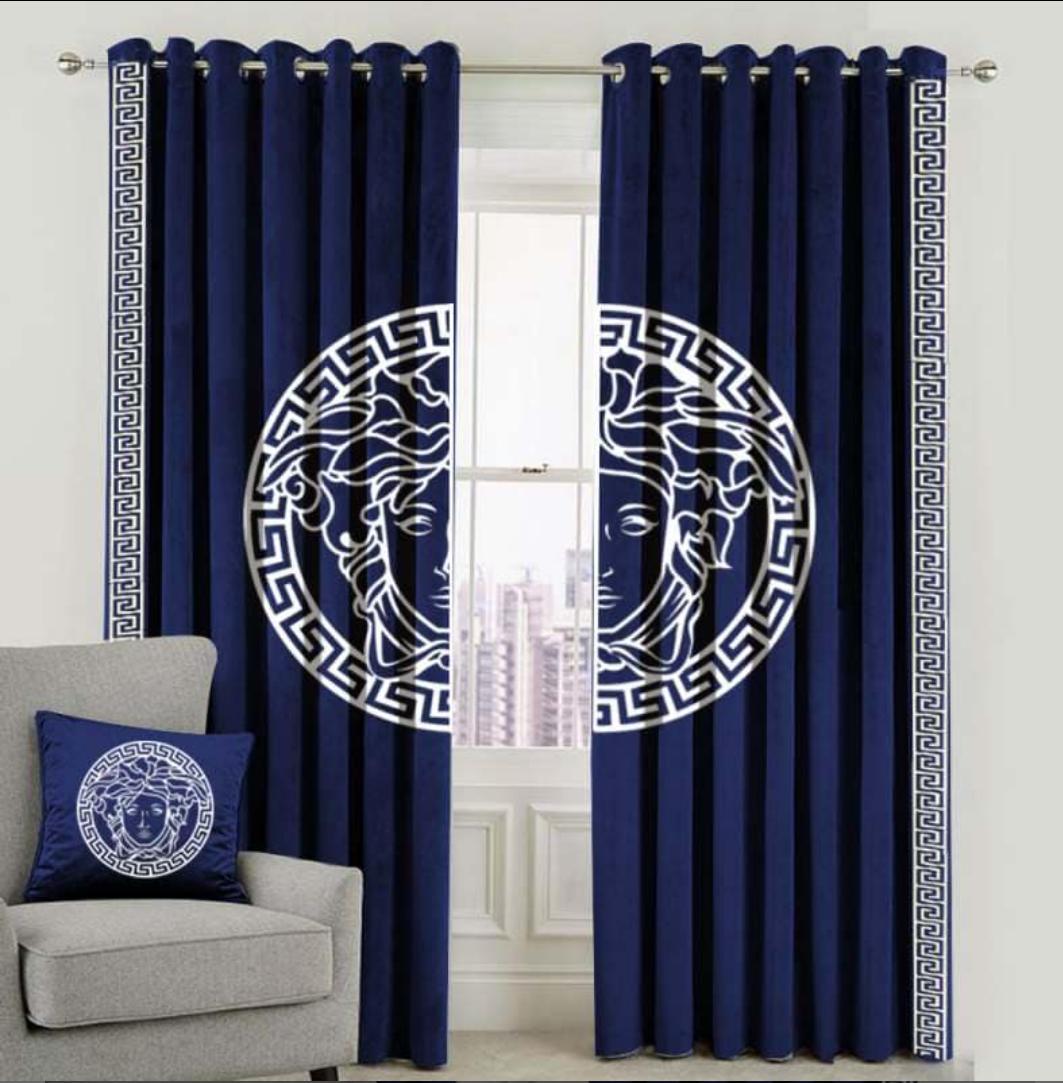 Regal Navy Blue Velvet Curtains | White Medusa - Inspired Greek Key Design - Fashion Home Store