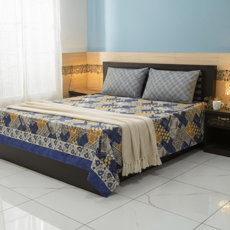 Royal Blue Mosaic Premium Cotton Bed Sheet Set - Fashion Home Store