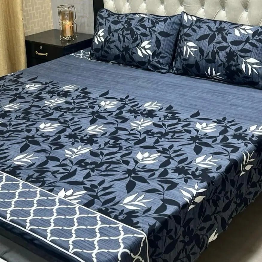 Royal Blue Ornate Crystal Cotton Bed Sheets – Luxurious Patterned Bedding Set - Fashion Home Store