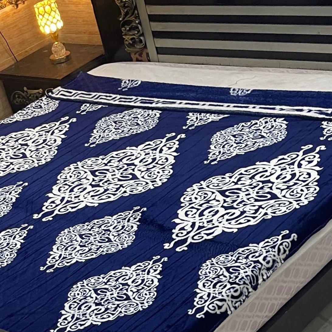 Royal Blue & White Printed AC Blanket – Soft Fleece Double Bed Size - Fashion Home Store