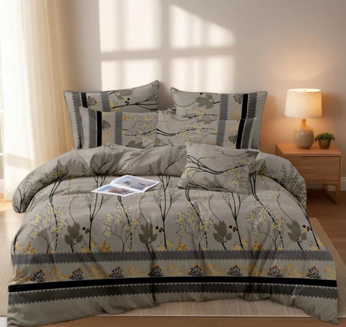 Serene Grey - Green Tree Branch Bedding - 7PC Summer Comforter Set - Fashion Home Store