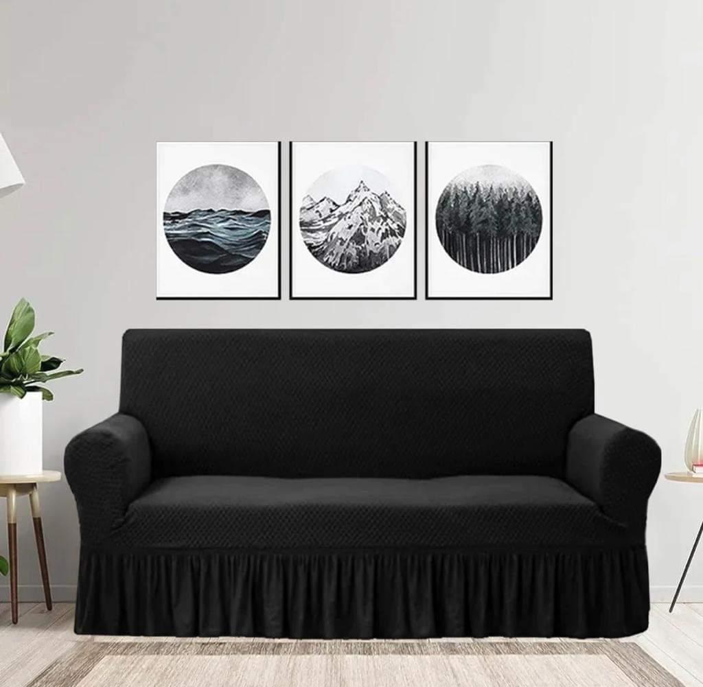 Soft Crystal Quilted Sofa Cover with Frill – Black, Fits 5, 6 & 7 Seaters - Fashion Home Store