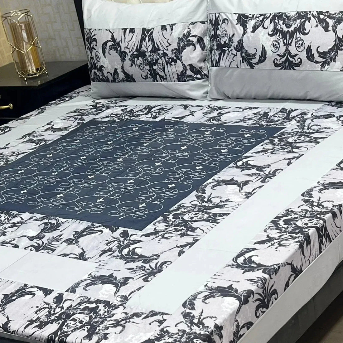 Sophisticated Grey &amp; Beige Embroidered Patchwork Bedsheet Set Fashion HomeStore 