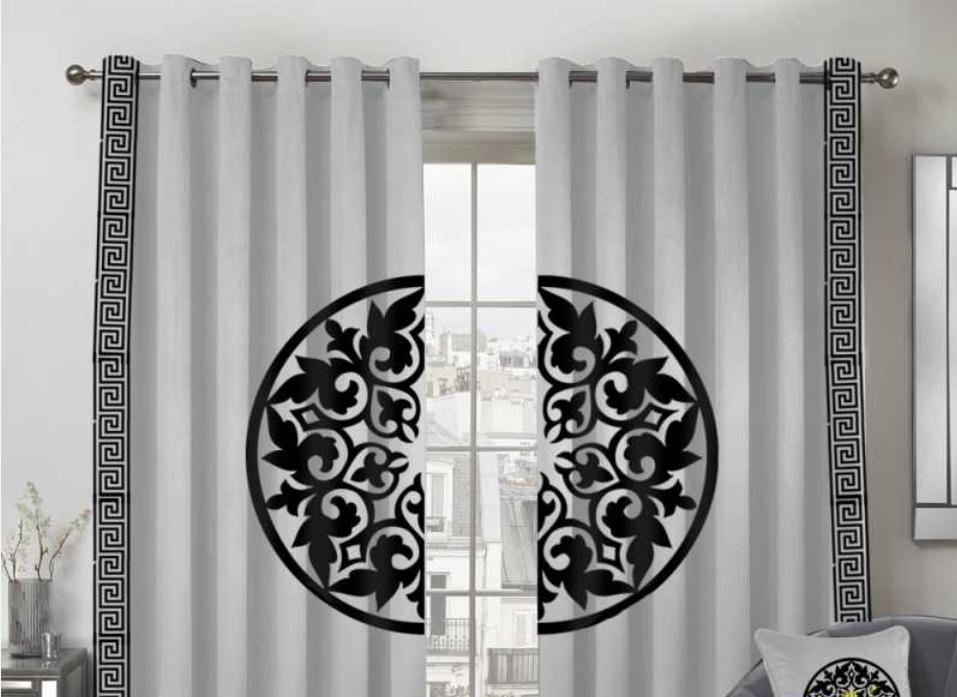 White Velvet Curtains with Bold Black Greek Key & Medallion - Fashion Home Store