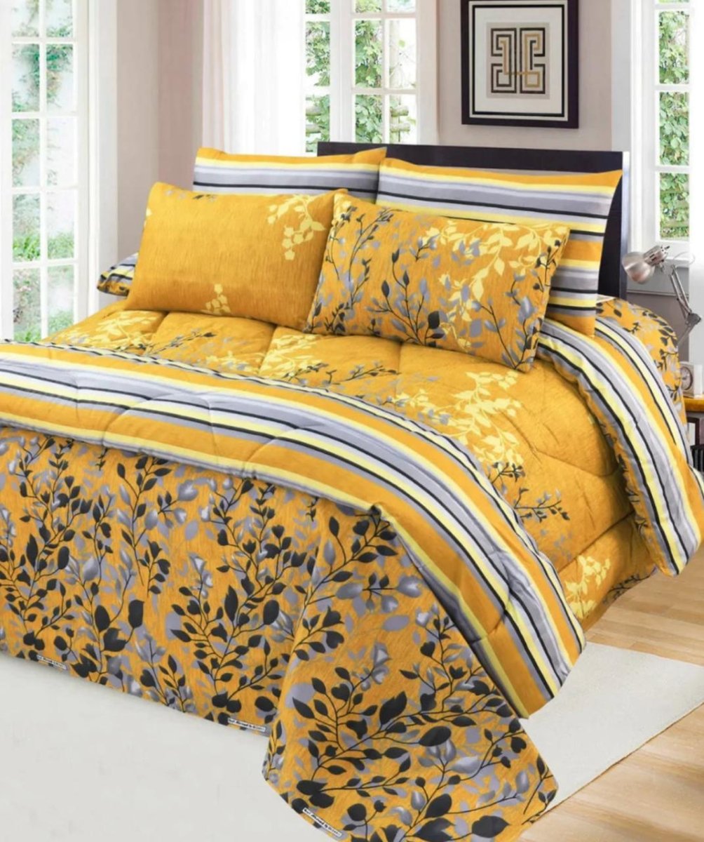 Yellow & black Floral Design - 6PC Comforter Set (Vicky Razai Set) - Fashion Home Store