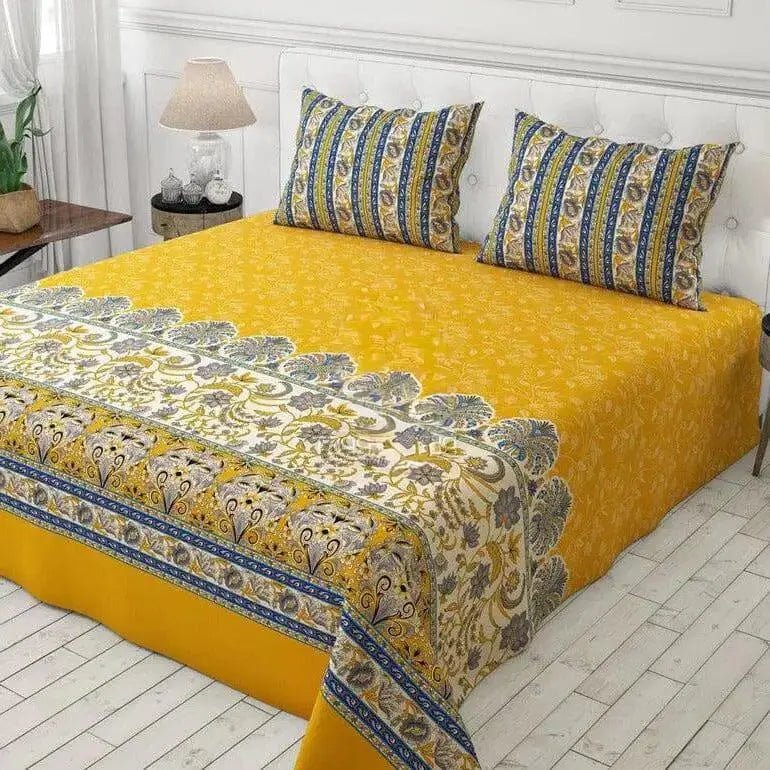 Yellow Printed Cotton Bedsheet Set – Floral Pop Edition - Fashion Home Store